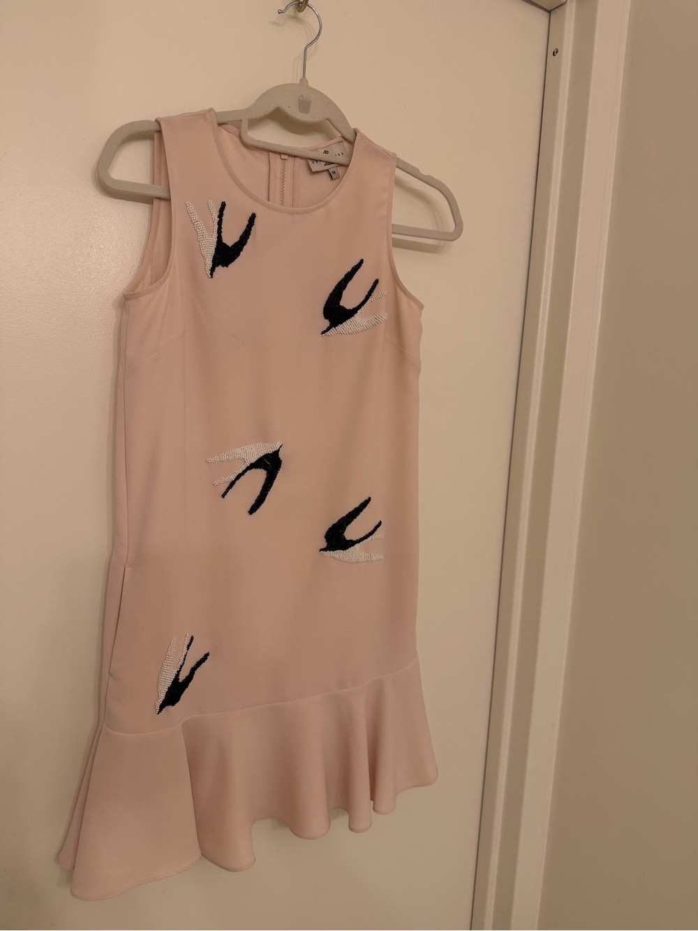 Essentiel Antwerp Beaded Birds Sleeveless Ruffle-Hem Dress in Light Blush XS 34